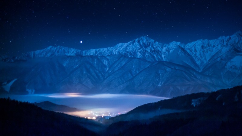 nature, landscape, mountains, mist, night, valley, stars, lights, snowy peak, forest, hills, blue