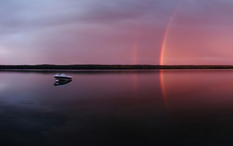 nature, landscape, water, reflection, boat, rainbows, lake, horizon, forest