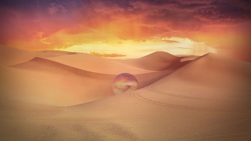 desert, dunes, crystal ball, sand, clouds, 4k