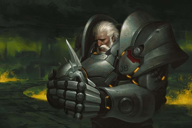 video games, Overwatch, Reinhardt (Overwatch), armour, white hair, helmet, sadness