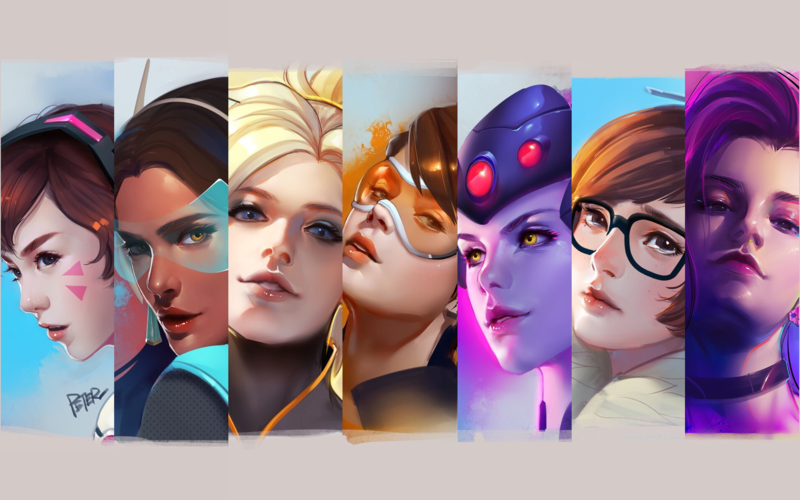 Overwatch, Sombra (Overwatch), D.Va (Overwatch), Symmetra (Overwatch), Mercy (Overwatch), Tracer (Overwatch), Widowmaker (Overwatch), Mei (Overwatch), artwork, video games
