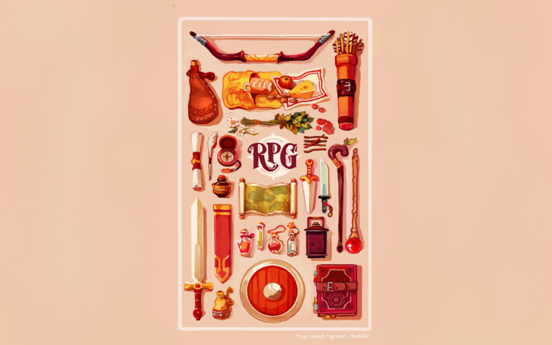 onemegawatt, artwork, video games, bow, sword, shield, potions, map, food, arrows, compass