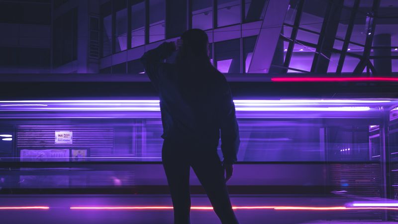 silhouette, figure, neon, light, purple, dark, 4k