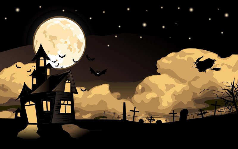 Halloween, vector, digital art, witch, bats, night