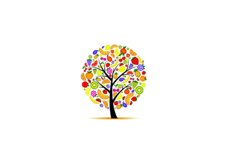 minimalism, trees, artwork, colorful, fruit, white background