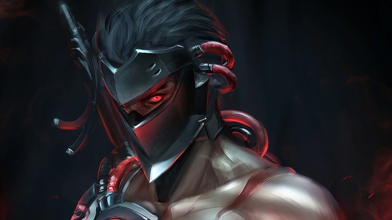 video games, Overwatch, Genji (Overwatch), science fiction, artwork, digital art, Blackwatch, red eyes, Ninja, mask, Tubes