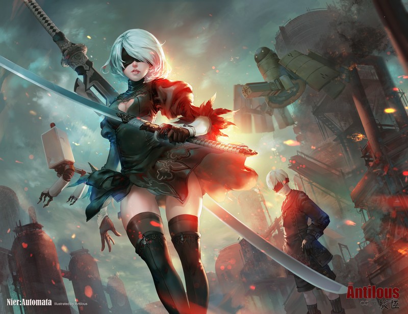 cleavage, dress, NieR, Nier: Automata, 2B (Nier: Automata), thigh-highs