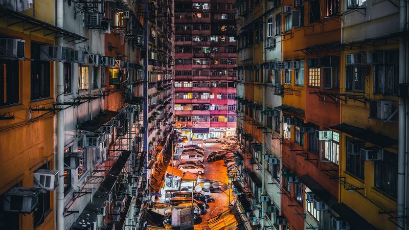 city, buildings, architecture, street, night, backlight, 4k