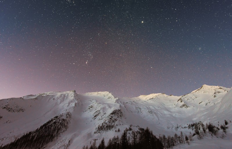 nature, snow, sky, trees, stars