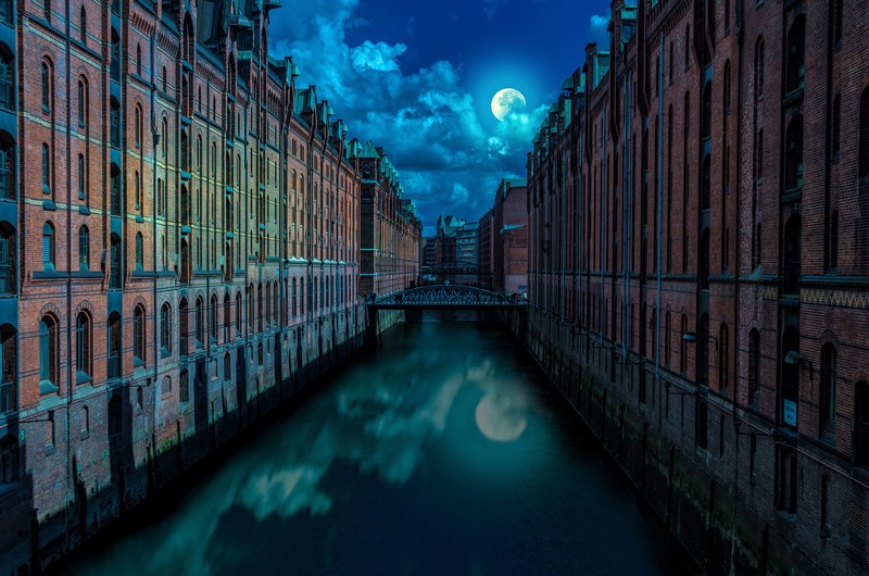 nature, architecture, bridge, water, building, city, cityscape, evening, Moon, moonlight, reflection, Hamburg, photo manipulation