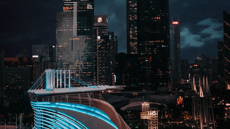city, buildings, architecture, night, moon, light, 4k