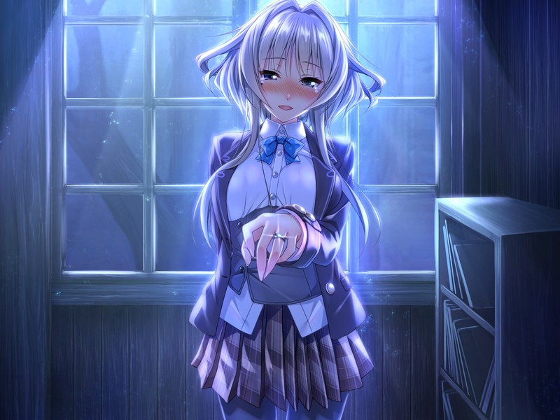 anime, anime girls, piromizu, POV, Amakano, long hair, heterochromia, night, blushing, silver hair, shining, shirt, bowtie, pantyhose