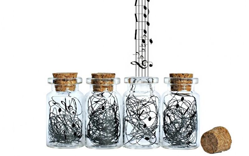 music, musical notes, simple background, bottles, white background