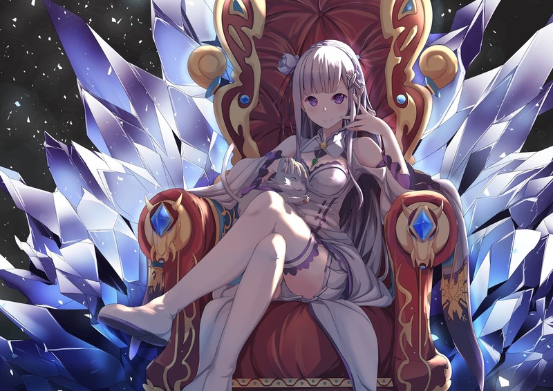 boobs, cats, blushing, cleavage, Emilia (Re: Zero), long hair, Puck (Re:Zero), panties, pointed ears, purple eyes, skirt, thigh-highs, underwear, white hair, throne, Re:Zero Kara Hajimeru Isekai Seikatsu