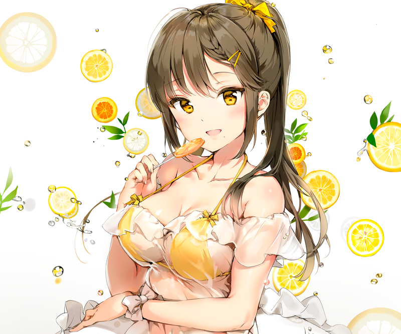 boobs, white background, Anmi, bikini, blush, blushing, brunette, cropped, long hair, ponytail, see-through clothing, two piece swimsuit, yellow eyes
