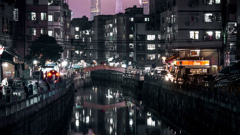 night city, buildings, canal, embankment, architecture, lights, reflection, 4k