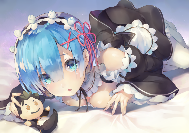 boobs, blue hair, blue eyes, cleavage, doll, dress, maid, maid outfit, Natsuki Subaru, Rem (Re: Zero), Re:Zero Kara Hajimeru Isekai Seikatsu, ribbon, short hair, thigh-highs