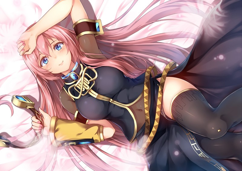 aqua eyes, bed, blue eyes, blushing, boobs, headphones, long hair, navels, pink hair, skirt, thigh-highs, Vocaloid, white background, Megurine Luka