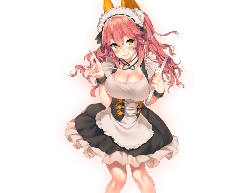 boobs, animal ears, blushing, cleavage, fangs, Fate/Grand Order, Fate Series, foxgirl, headdress, long hair, maid, maid outfit, orange eyes, pink hair, twintails