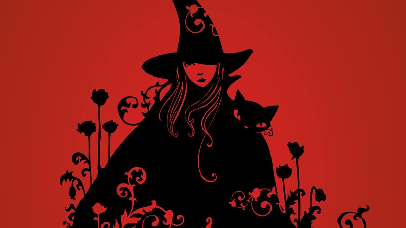 cats, witch, fantasy girl, fantasy art, red background, red, black, witch hat