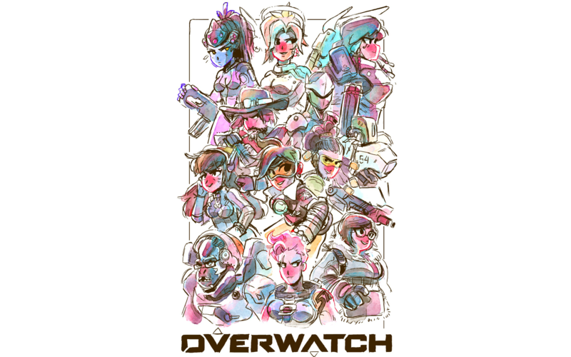 Overwatch, artwork, Widowmaker (Overwatch), Mercy (Overwatch), Pharah (Overwatch), McCree (Overwatch), Genji (Overwatch), D.Va (Overwatch), Tracer (Overwatch), Lúcio (Overwatch), Bastion (Overwatch), Winston (Overwatch), Zarya (Overwatch), Mei (Overwatch)