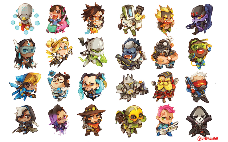 Overwatch, artwork, Tracer (Overwatch), Ana (Overwatch), Bastion (Overwatch), Genji (Overwatch), Hanzo (Overwatch), Junkrat (Overwatch), Lúcio (Overwatch), McCree (Overwatch), Mei (Overwatch), Mercy (Overwatch), Zenyatta (Overwatch), D.Va (Overwatch), Symmetra (Overwatch), Pharah (Overwatch), Sombra (Overwatch), Widowmaker (Overwatch), Winston (Overwatch), Roadhog (Overwatch), Reinhardt (Overwatch), Torbjörn (Overwatch), Soldier  76 (Overwatch), Orisa(Overwatch), Zarya (Overwatch), Reaper (Overw