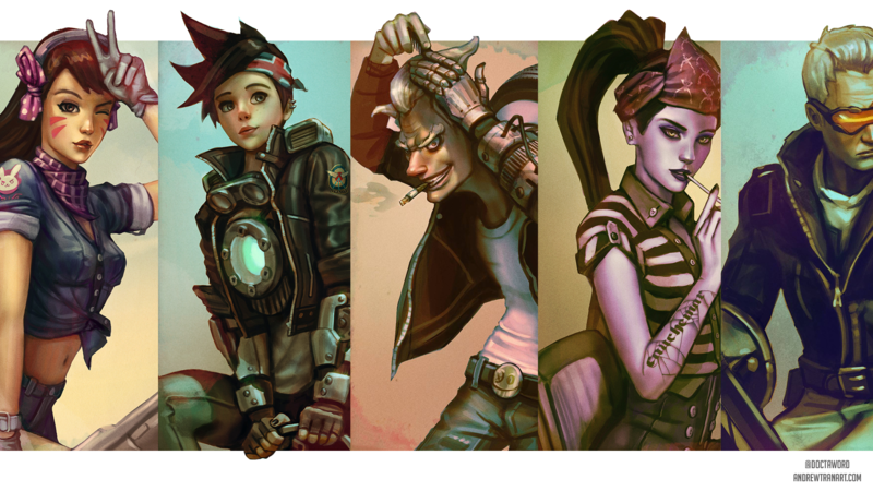 Overwatch, video games, D.Va (Overwatch), Tracer (Overwatch), Junkrat (Overwatch), Widowmaker (Overwatch), Soldier  76 (Overwatch), vintage, artwork