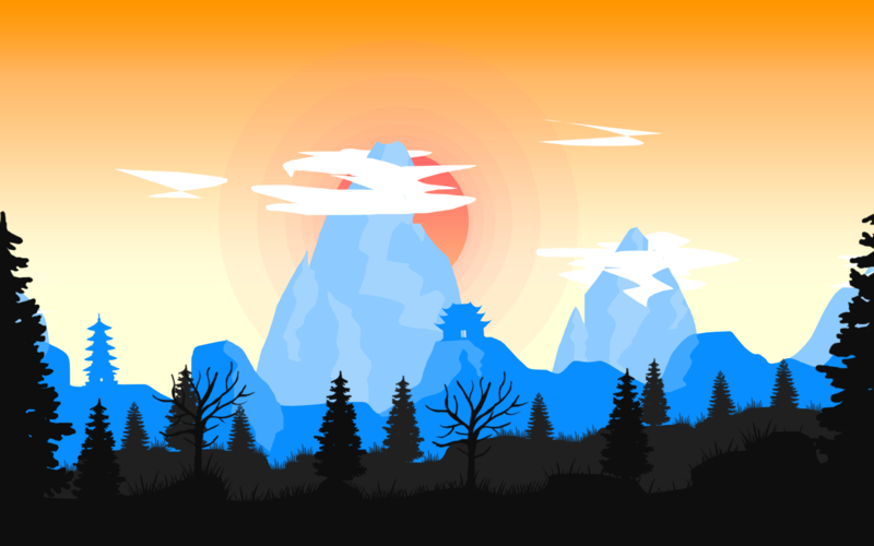 landscape, nature, mountains, trees, pagoda, Sun, clouds, digital art, cyan, orange