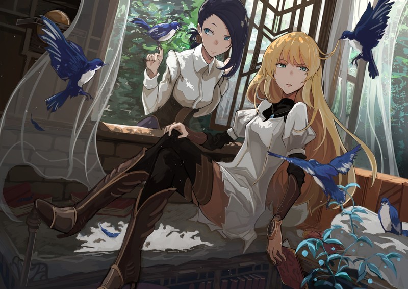anime, anime girls, long hair, blue eyes, green eyes, dress, white dress, blonde, short hair, birds, window, boots, stockings, black stockings, books, high heels