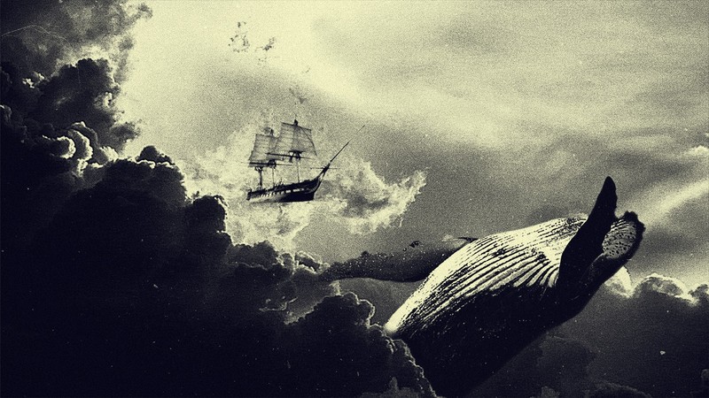 surreal, whale, clouds, ship, digital art, artwork, sepia