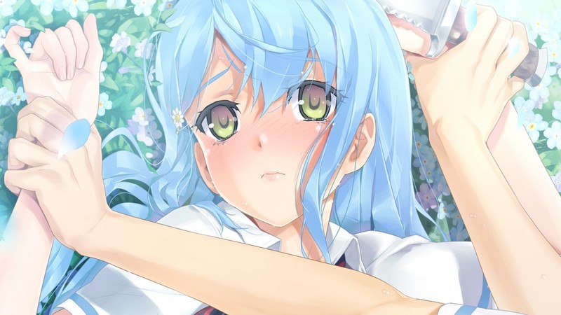 blue hair, blue flowers, anime