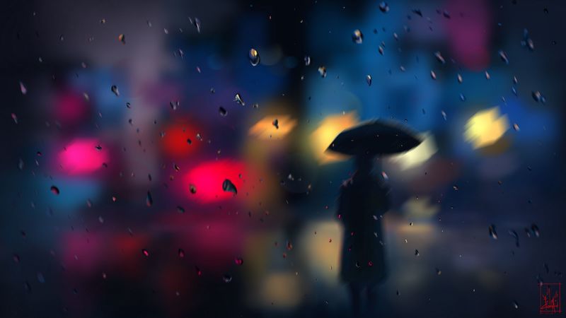 silhouette, rain, blur, drops, bokeh, lights, 4k