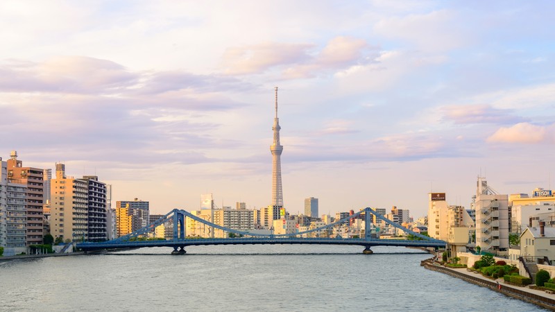 architecture, building, cityscape, city, bridge, river, clouds, Tokyo, Japan, tower, sunlight, Sumida River