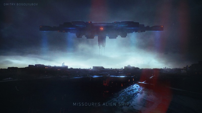 Dmitry Bogolyubov, UFOs, city, fan art, night, overcast