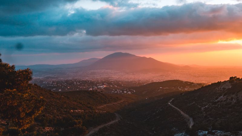 mountains, landscape, sunset, view, overview, hilly, 4k