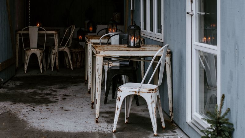 cafe, interior, veranda, furniture, tables, chairs, lanterns, 4k