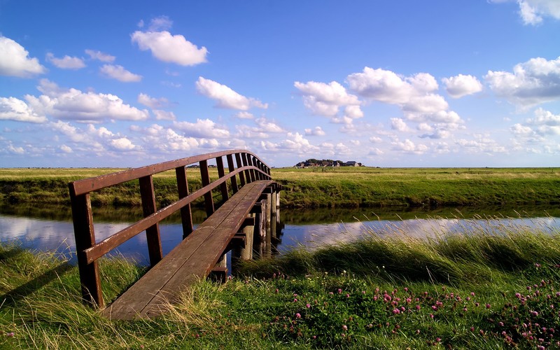 bridge, nature, green, blue, sky, water, field, clouds, calm, summer