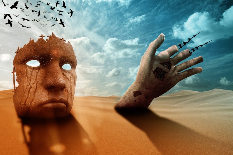 digital art, artwork, surreal, desert, sand, mask, hands, birds, nature, landscape, clouds, shadow, broken, gears