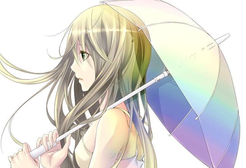 anime, anime girls, long hair, green eyes, umbrella, white background