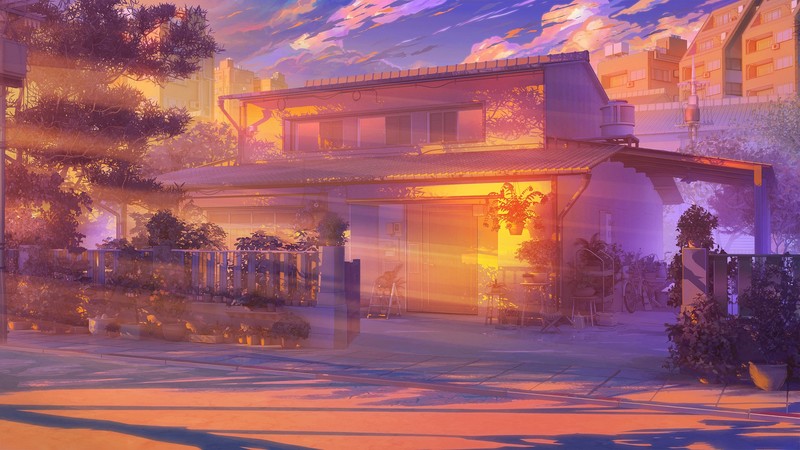 sun rays, house, anime, urban, city