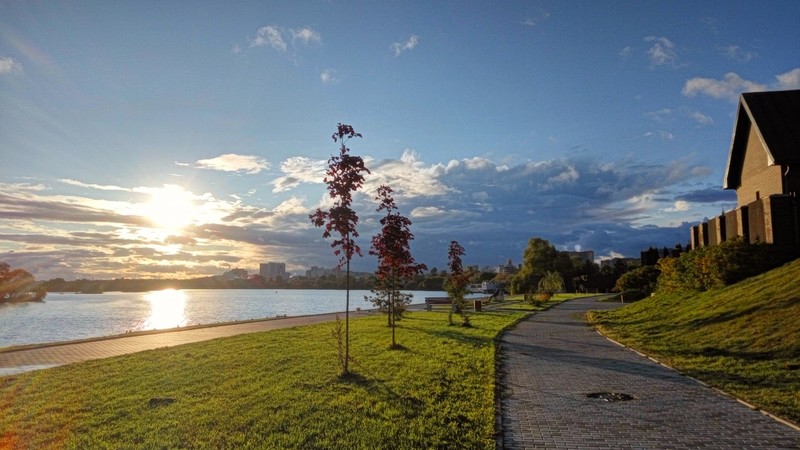 sunset, river, clouds, grass