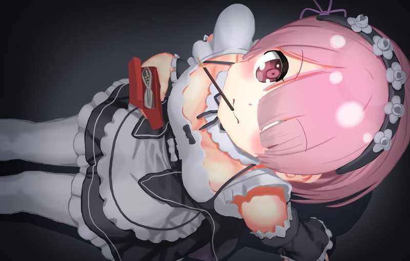 boobs, simple background, maid, pantyhose, pink hair, Ram (Re: Zero), red eyes, Re:Zero Kara Hajimeru Isekai Seikatsu