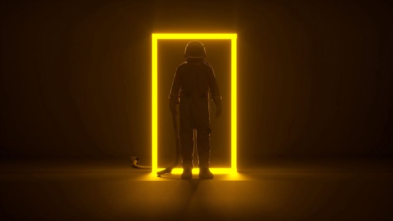 astronaut, portal, neon, frame, glow, dark, 4k