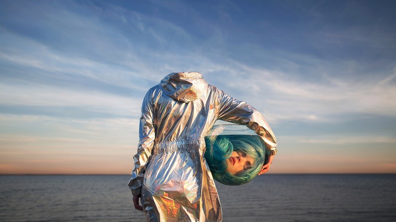 women, Russian women, Russian Model, model, women outdoors, face, landscape, sky, clouds, blue hair, fishbowls, closed eyes, photography