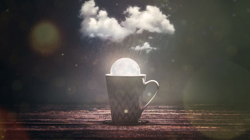 mug, moon, cloud, rain, glare, photoshop, 4k