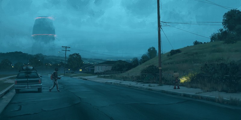 digital art, Simon Stålenhag, aliens, road, landscape, turquoise