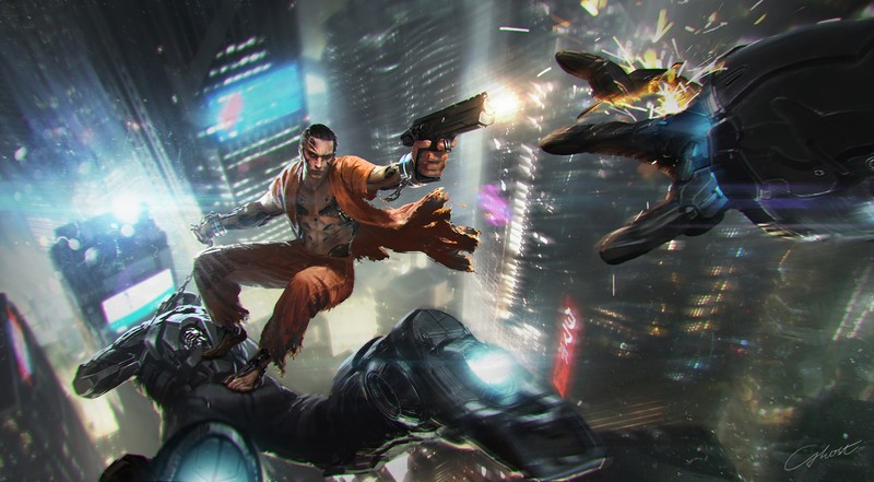 digital art, science fiction, futuristic, gun, weapon