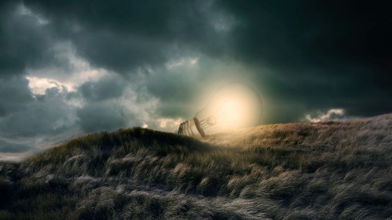light bulb, glow, illusion, grass, clouds, photoshop, 4k