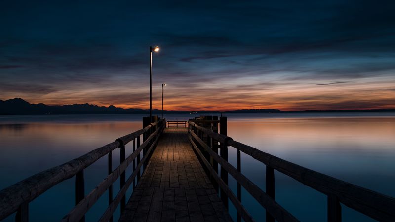 pier, water, lights, twilight, evening, wooden, 4k