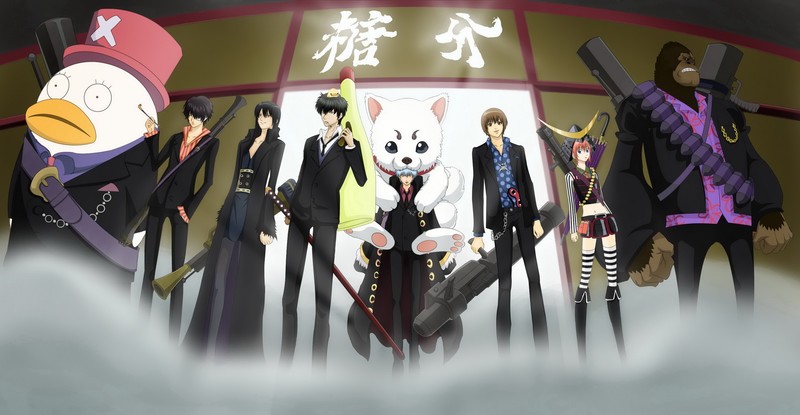 Gintama, Takasugi Shinsuke, Sakata Gintoki, Katsura Kotarou, Sadaharu, Hijikata Toushirou, Shimura Shinpachi, Kagura (Gintama), Elizabeth, parody, Okita Sougo